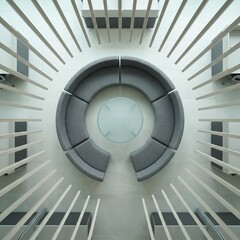 Fototapeta premium Modern office circular seating arrangement in a minimalist atrium with circular