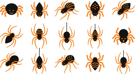 A collection of small plastic toy spiders arranged in a grid pattern isolated on a white background for halloween party decorations