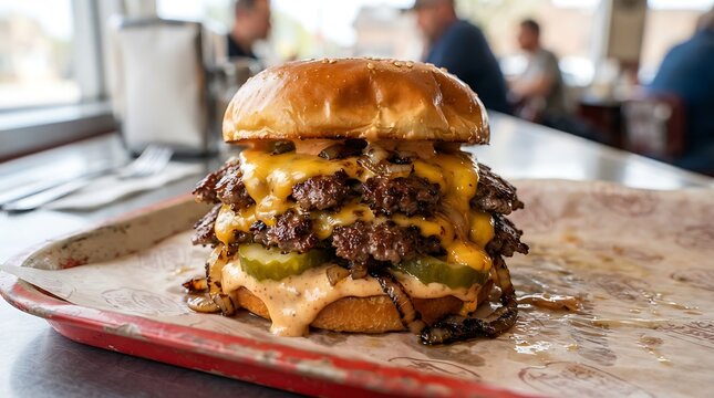 Closeup of a delicious triple cheeseburger with grilled onions and sauce