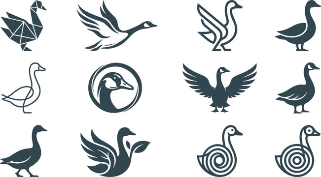 Goose and Duck Silhouette Icon Set Featuring Flying Birds Low Poly Geese Circular Emblems Wings Spread and Minimalist Line Art Symbols for Wildlife Mascot Logos