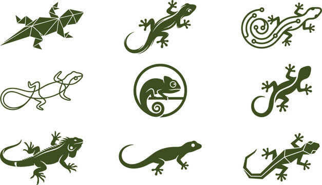 Lizard and Gecko Icon Set Featuring Geometric, Circuit, Minimalist, and Chameleon Logos for Reptile Branding, Wildlife Apps, Tech, and Creative Vector Designs