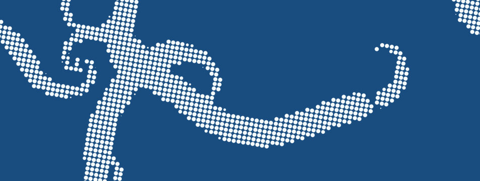 Deep blue artistic background with white halftone dot clusters forming abstract organic liquid flow.