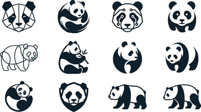 Panda Bear Icon Set Featuring Geometric, Cybernetic, Tech, Circular, and Minimalist Line Art Designs for Corporate Branding, Wildlife Apps, and Creative Logo Project