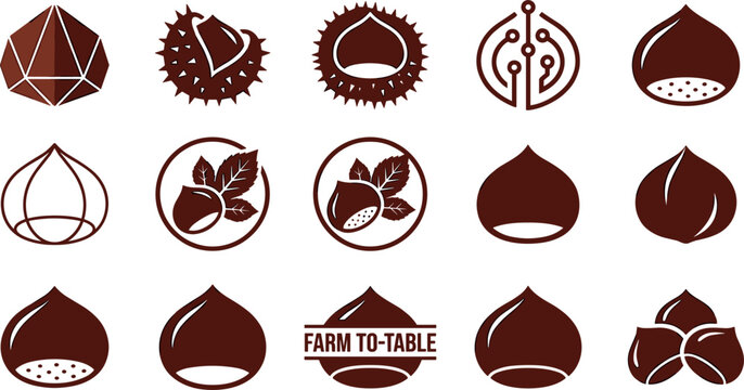 Chestnut and Hazelnut Icon Set Featuring Geometric, Circuit Tech, Spiky Shell, and Farm to Table Symbols for Autumn Food and Agriculture Branding