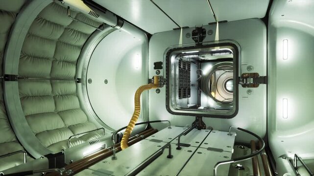 Open space station service hatch revealing insulation and hinge bracket, visible doorframe, cable routing and mounting plates, industrial texture for robotic