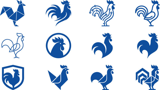 Rooster and Cockerel Icon Set Featuring Geometric, Circuit Tech, Shield, and Minimalist Line Art Logos for Poultry Farming, Food Branding, and Creative Vectors