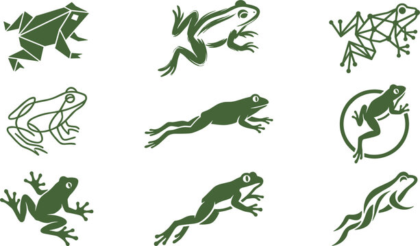 Frog and Toad Icon Set Featuring Geometric Origami, Connected Node Tech, Minimalist Line Art, and Leaping Symbols for Wildlife Apps and Environmental Branding