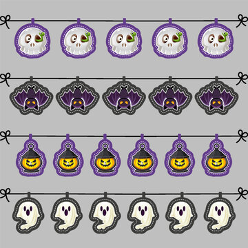 Halloween Ornament Garland Collection with Skull, Bat, Lantern and Ghost Vector