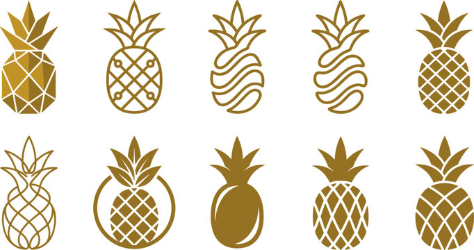 Pineapple Icon Set Featuring Geometric Low Poly, Tech Circuit, Minimalist Line Art, and Tropical Fruit Symbols for Hospitality Branding, Cafes, and Web Graphics