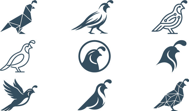 Quail and Partridge Bird Icon Set Featuring Geometric Origami, Tech Circuit, Minimalist Line Art, and Flying Symbols for Poultry Farming and Wildlife Branding