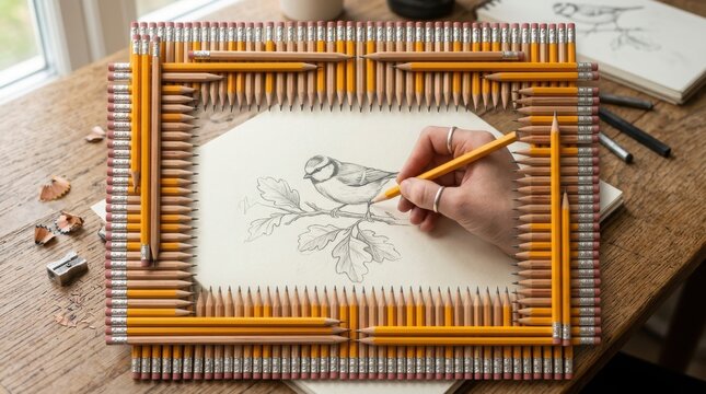 Artists hand drawing a bird with a pencil, framed by a unique rectangle of pencils on a rustic wooden desk with a sharpener