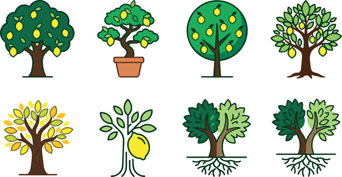 Lemon Tree Icon Set Featuring Citrus Fruit Plants Bonsai Pots Roots and Abstract Leaf Designs for Agriculture Farming and Eco Branding Layouts