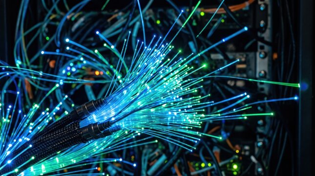 Close up of fiber optic cables transmitting data with glowing blue and green lights in a server room, representing high speed internet connection, network technology and digital