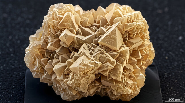 Close-up of tan calcite mineral crystals on dark surface