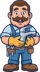 Fototapeta premium Cartoon Plumber Holding Pipe Fitting Mascot Character