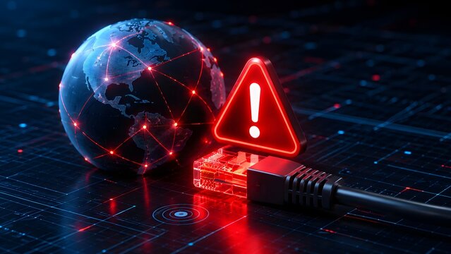 Cybersecurity threat alert and network security vulnerability warning with glowing red exclamation triangle and disconnected ethernet cable near digital globe
