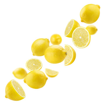 Fresh yellow lemon halves and wedges flying dynamically, isolated on transparent cutout background