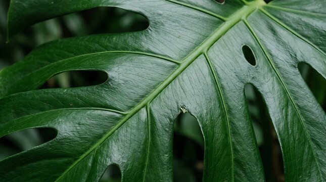 Closeup of a vibrant green monstera deliciosa leaf with natural fenestrations