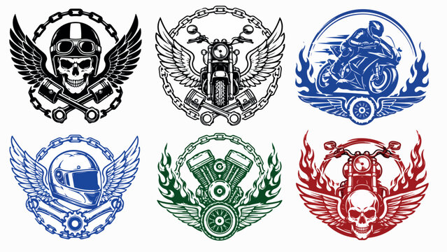 Vintage motorcycle club emblems with skulls and wings, biker garage badges set of 6 vectors, custom chopper and racing bike logos for apparel isolated PNG with Transparent Background