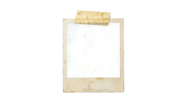 Vintage instant photo frame with masking tape, blank retro picture card border template, aged paper photo frame for scrapbook design isolated on Transparent Background