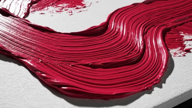 Thick textured red oil paint stroke on white canvas background showing heavy impasto brushwork technique with shiny glossy surface and deep sculptural shadows in macro shot