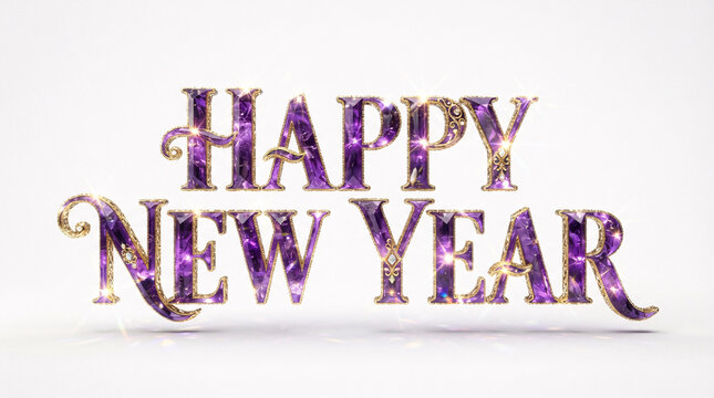 Happy new year elegant purple gemstone texture text with golden ornaments
