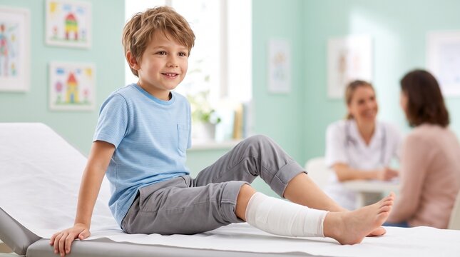 Brave young boy with a bandaged leg sitting in a pediatric clinic, smiling while his mother and doctor discuss his treatment plan in the background.