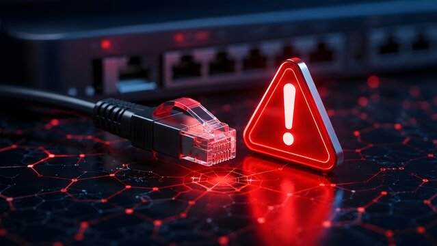 Cybersecurity threat alert and network outage warning showing unplugged ethernet cable and red exclamation sign on glowing router grid