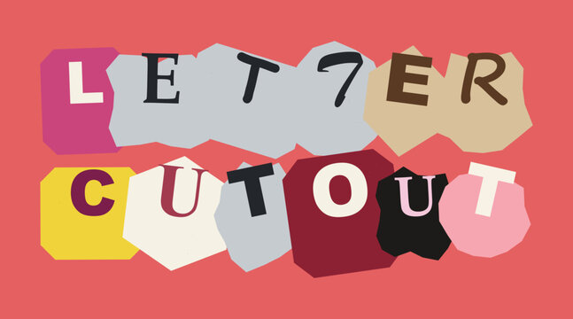 Colorful ransom note style letters made from paper cutouts on a textured orange background
