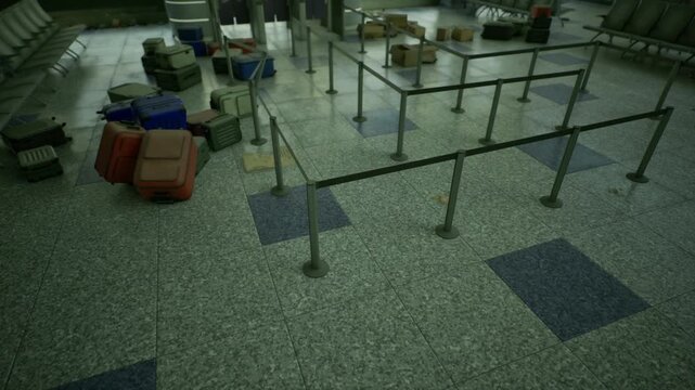 Calm morning at airport terminal. Tranquil airport with luggage and barriers. Serene airport environment with silent checkin stations and baggage stacks