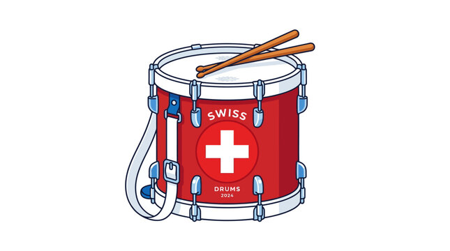 A vibrant red Swiss marching drum with drumsticks and a carrying strap.