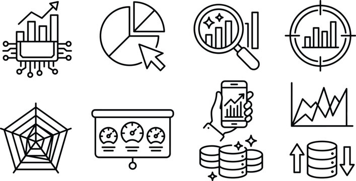 Business data analysis line icon set featuring dashboard metrics charts graphs target gauge database mobile marketing growth analytics