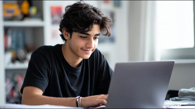 Cheerful male student using a laptop computer for e-learning or homework in his bedroom