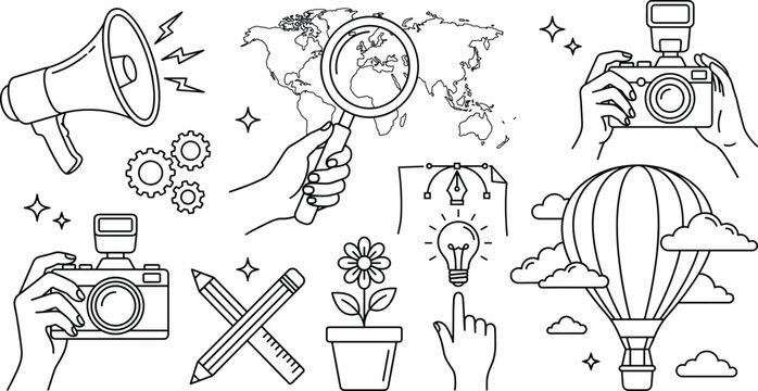 Business doodle vector illustration set of global marketing camera hot air balloon megaphone world map magnifier pencil ideas