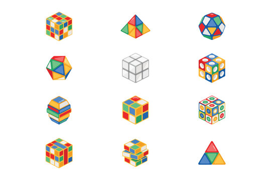 Assorted rubiks cubes and geometric puzzles in flat style featuring various shapes and colorful patterns for brain teaser game enthusiasts