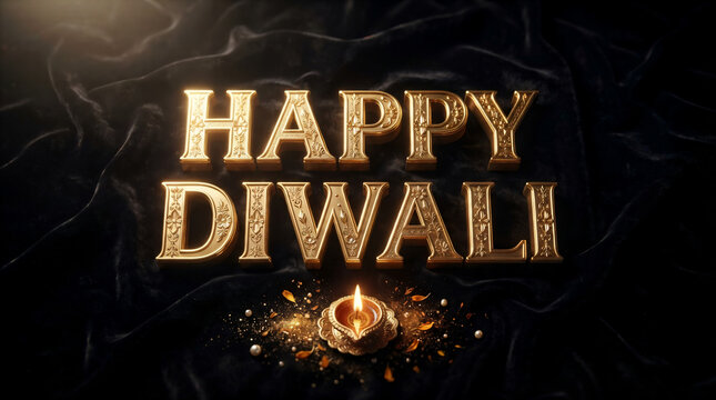 Elegant golden happy diwali lettering with traditional diya lamp and light