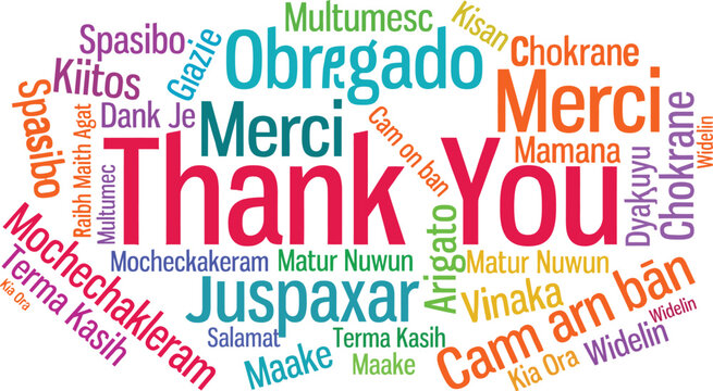 Multilingual thank you word cloud, colorful international gratitude typography, global appreciation message in different languages, EPS vector