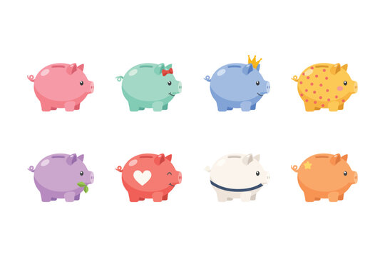 Collection of cute piggy banks in various colors and styles for personal finance savings and money management concept in flat