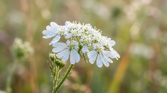 Closeup of a white wildflower with dew drops in a natural meadow
