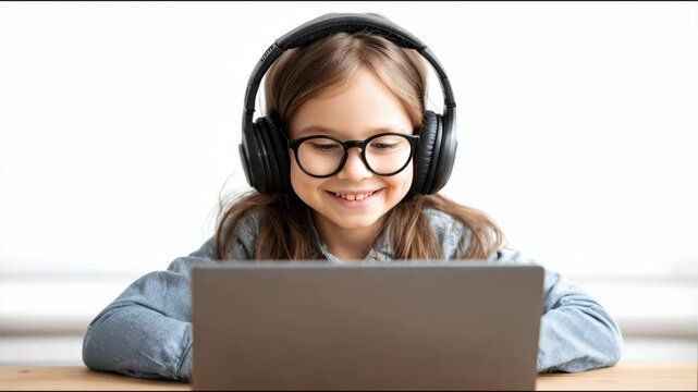 Smiling cute schoolgirl in glasses using a laptop for distance education on a white background