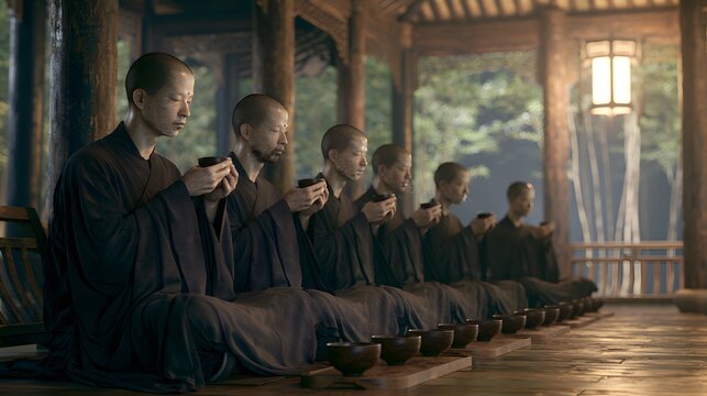 Serene monks share tea within a tranquil pavilion evoking ancient Chinese harmony and peaceful contemplation