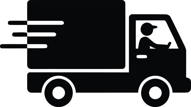 A fast delivery truck icon featuring a driver inside shown as a simple black and white graphic silhouette