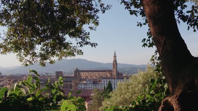 Scenic View of Basilica of Santa Croce Framed by Trees in Florence Italy