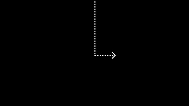 Animated white dashed line moving vertically down and turning right on a transparent background. Minimalist motion asset perfect for modern video editing and UI overlays.