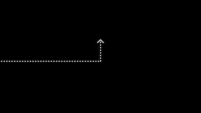 Animated white dashed line turning ninety degrees upward to the right direction. Sleek modern graphic asset ideal for UI navigation overlay and creative video production.