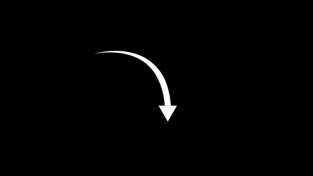 Animated curved white arrow pointing downwards on a solid black background. Ideal video element for highlighting content, downwards movement, interface design, and tutorial clips.
