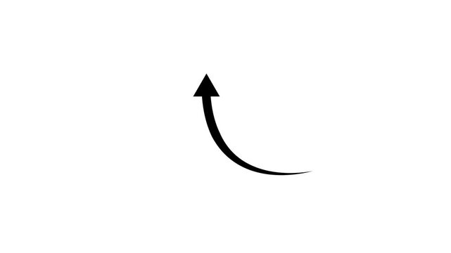 Animated curved black arrow curving upwards and pointing up on a white background. Great motion asset for illustrating growth, success, upward trends, and progress visuals.