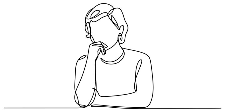Continuous single line drawing of a thoughtful woman sitting and resting her chin on her hand as a minimalist artistic illustration design illustration