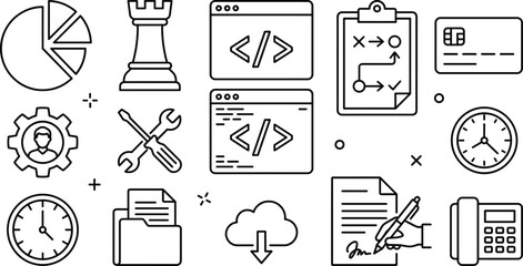 Business management and software web development line icon set featuring chess strategy programming code charts cloud contract payment © S O H A G