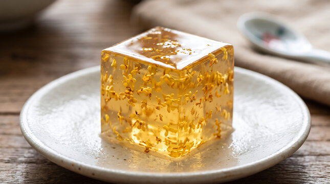 Translucent Cube of Traditional Chinese Osmanthus Jelly Suspended with Dried Golden Osmanthus Flowers Served on Ceramic Plate